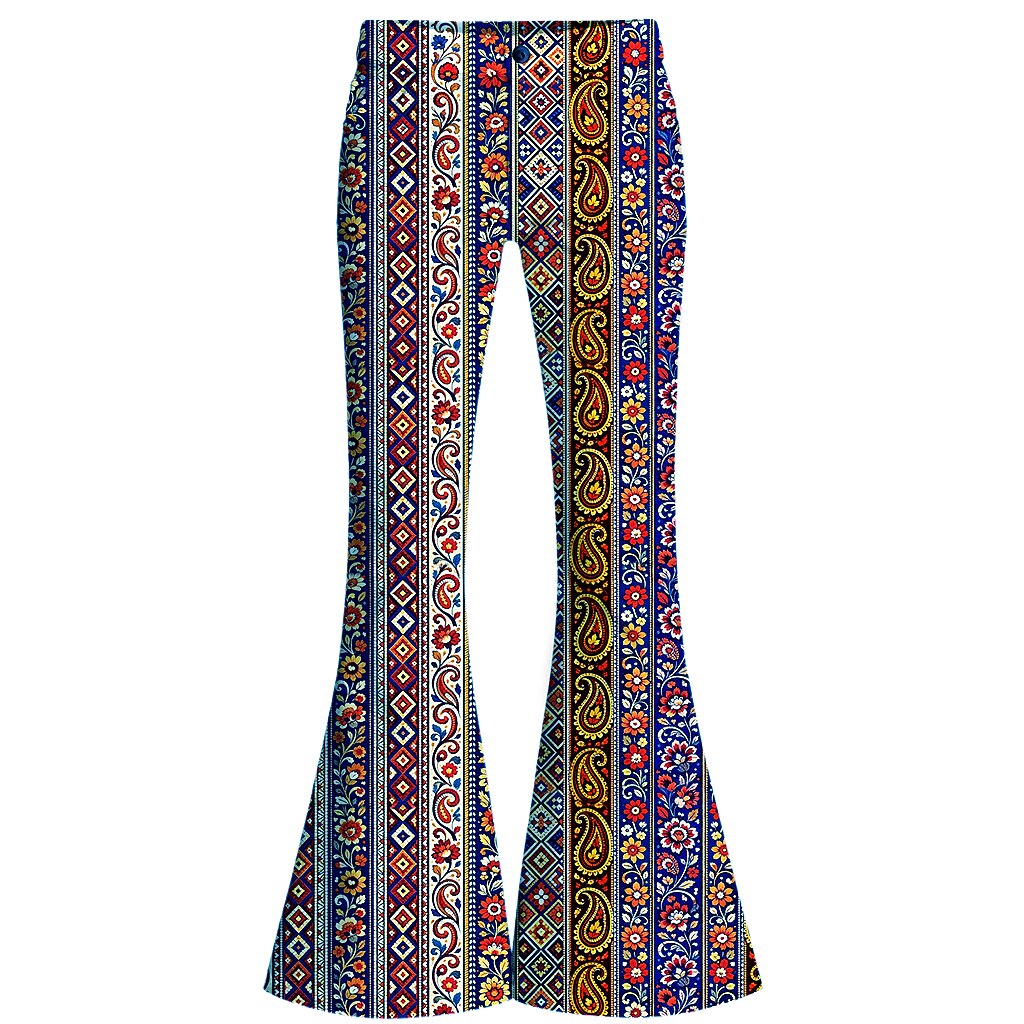 Retro 70s Boho Paisley Stripe High Waist Wide Flared Trousers