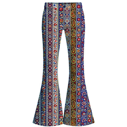 Retro 70s Boho Paisley Stripe High Waist Wide Flared Trousers