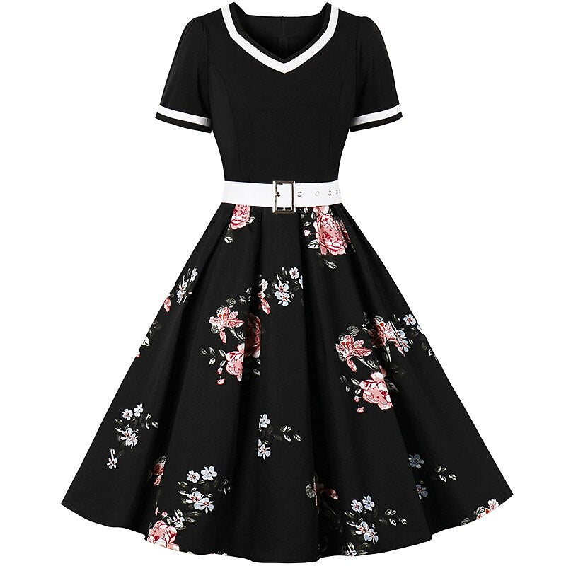 Women's 1950s Floral V-Neck Short Sleeve Swing Dress