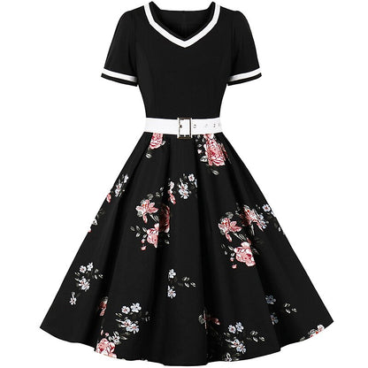 Women's 1950s Floral V-Neck Short Sleeve Swing Dress