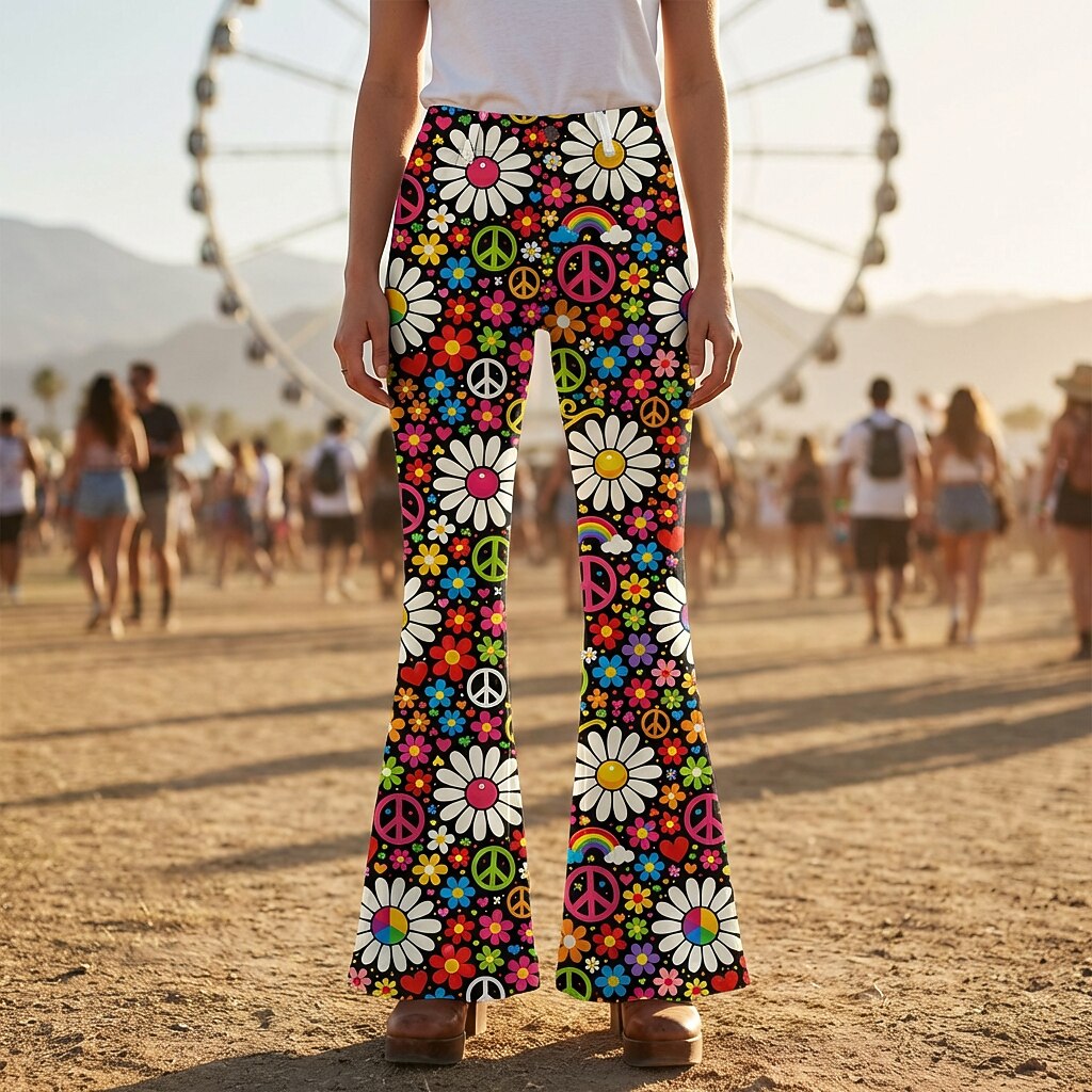 Retro 70s Peace Sign Floral High Waist Wide Flared Trousers