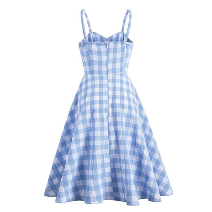 Women's 1950s Gingham Plaid Spaghetti Strap Sweetheart Swing Dress