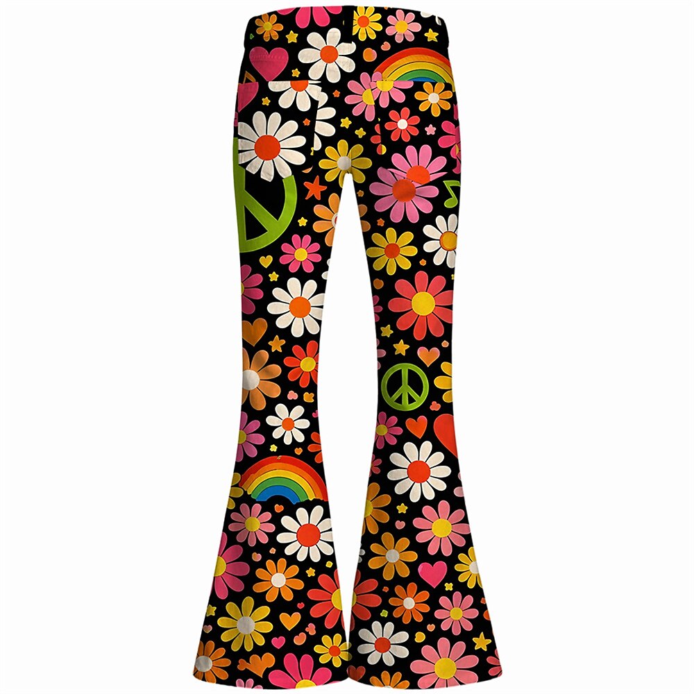 Retro 70s Peace Sign Floral Rainbow High Waist Wide Flared Trousers
