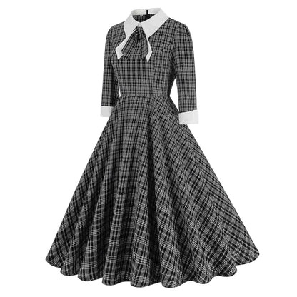 Women's 1950s Plaid Checkered Long Sleeve Swing Dress