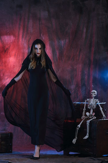 Gothic Witch Costume Black Hooded Long Dress