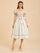 Damen Oktoberfest elfenbeinfarbenes Midi-Dirndl mit eckigem Ausschnitt und Taschen
