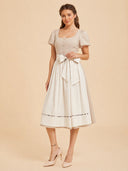 Damen Oktoberfest elfenbeinfarbenes Midi-Dirndl mit eckigem Ausschnitt und Taschen