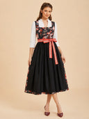 Women’s Oktoberfest Black Rose Floral Dirndl Dress with Red Apron
