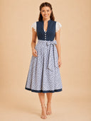 Damen Blaues Dirndl mit Stehkragen und Knopfleiste, Schürze mit Blumenmuster
