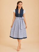 Damen Blaues Dirndl mit Stehkragen und Knopfleiste, Schürze mit Blumenmuster