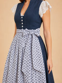 Damen Blaues Dirndl mit Stehkragen und Knopfleiste, Schürze mit Blumenmuster