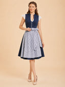 Vestido dirndl azul para mujer con cuello alto, botones y delantal con estampado floral