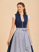 Vestido dirndl azul para mujer con cuello alto, botones y delantal con estampado floral
