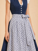 Vestido dirndl azul para mujer con cuello alto, botones y delantal con estampado floral