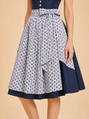 Vestido dirndl azul para mujer con cuello alto, botones y delantal con estampado floral