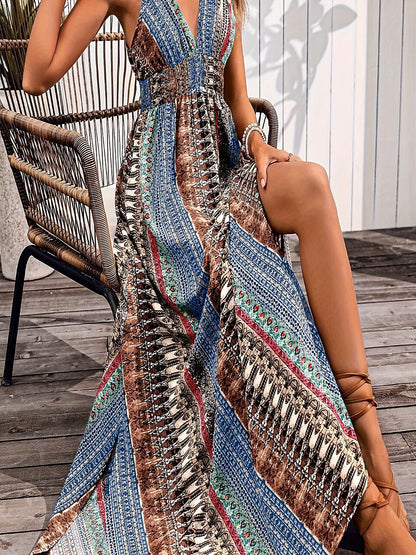 Retro 70s Bohemian Ethnic V-neck Empire Waist Flowy Maxi Dress