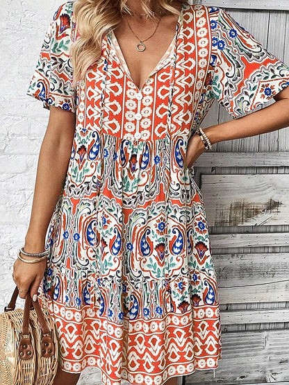 Retro 70s Bohemian Ethnic V-neck Empire Waist Mini Dress