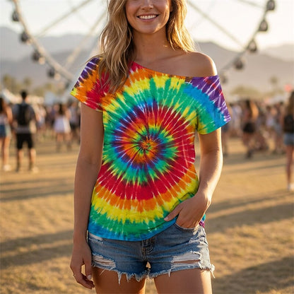 Retro 70s Rainbow Tie Dye One Shoulder Short Sleeves T-shirt