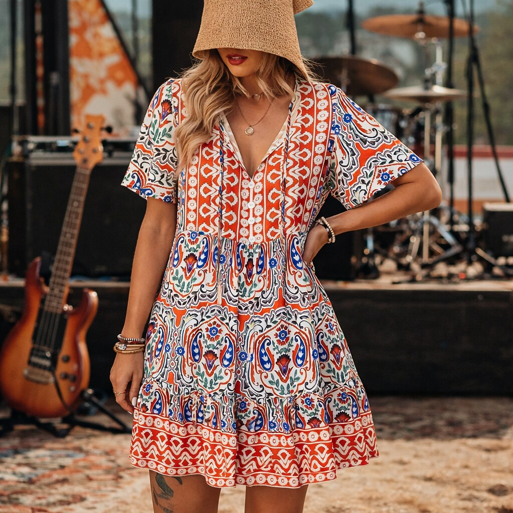 Retro 70s Bohemian Ethnic V-neck Empire Waist Mini Dress