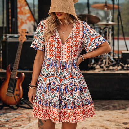 Retro 70s Bohemian Ethnic V-neck Empire Waist Mini Dress