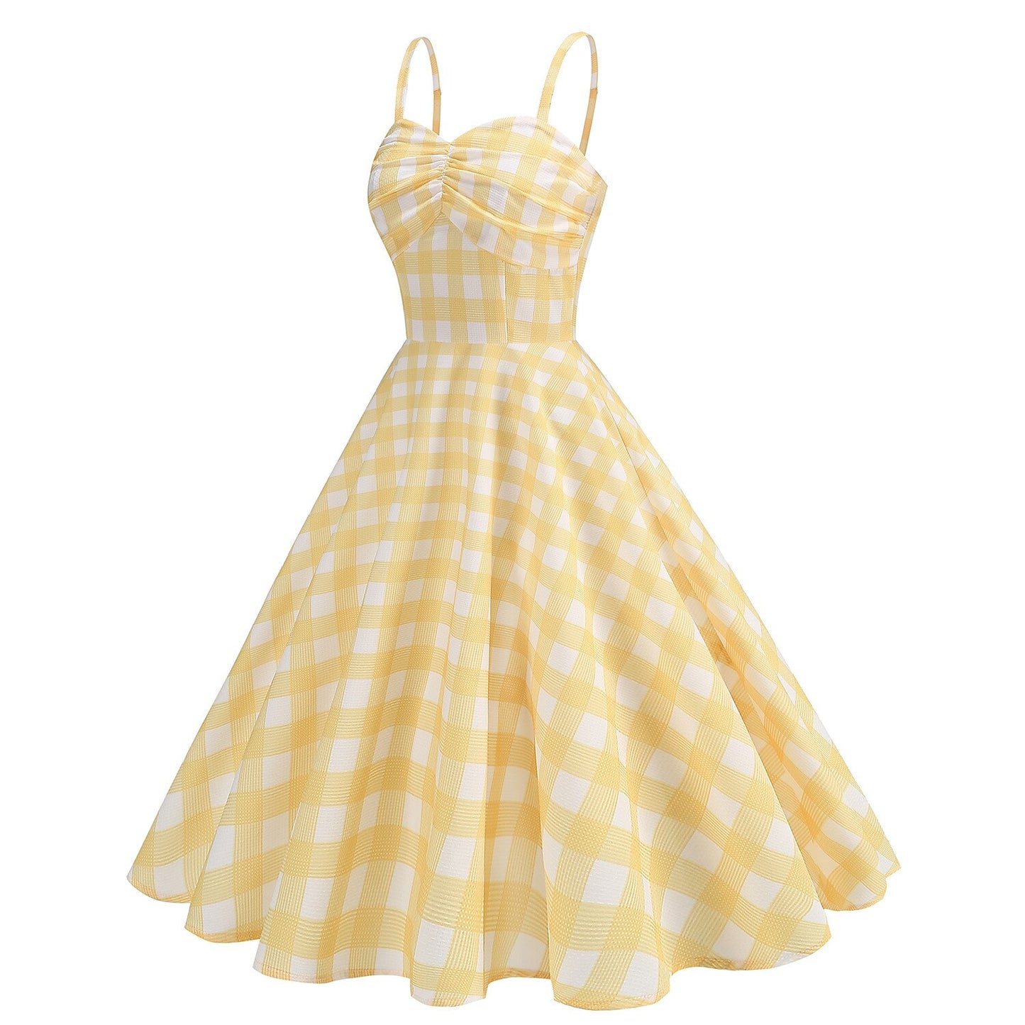 Women's 1950s Gingham Plaid Spaghetti Strap Sweetheart Swing Dress
