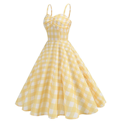 Women's 1950s Gingham Plaid Spaghetti Strap Sweetheart Swing Dress