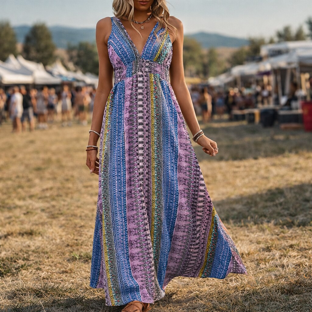 Retro 70s Bohemian Ethnic V-neck Empire Waist Flowy Maxi Dress