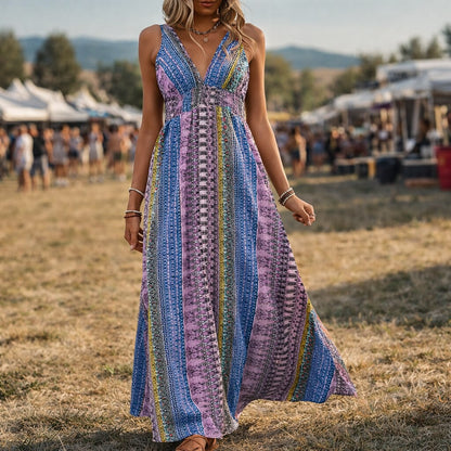 Retro 70s Bohemian Ethnic V-neck Empire Waist Flowy Maxi Dress