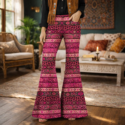 Retro 70s Boho Paisley Geometric High Waist Wide Flared Trousers