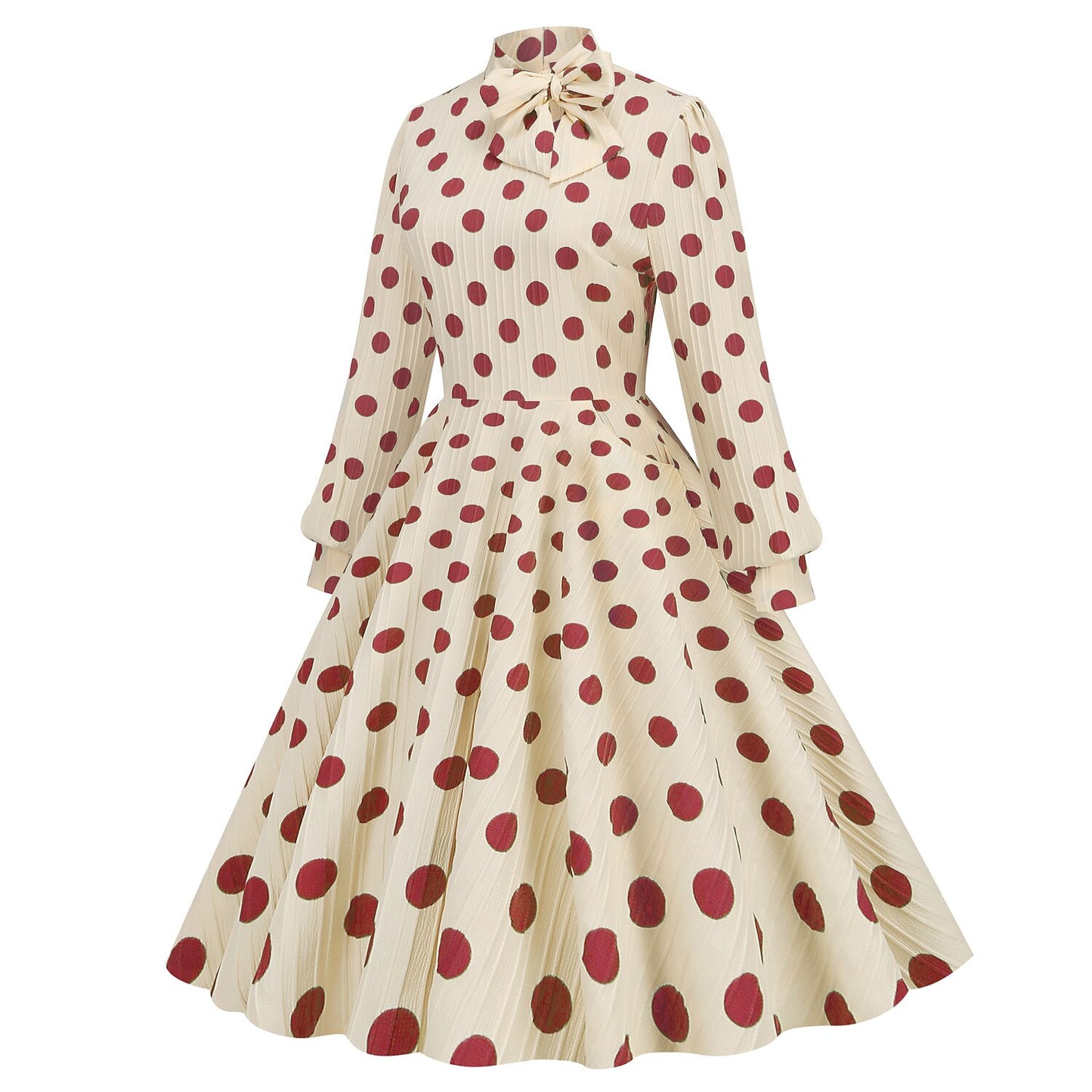Women's 1950s Polka Dot Bow Tie Neck Long Sleeve Flare Dress