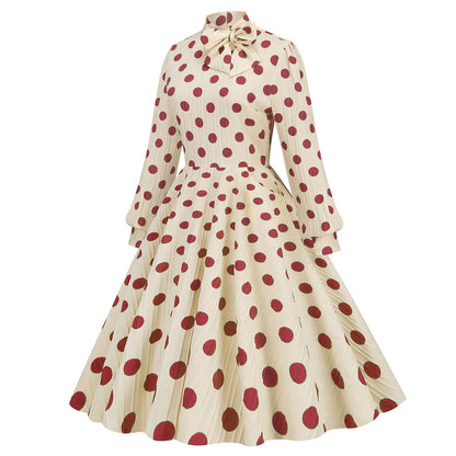 Women's 1950s Polka Dot Bow Tie Neck Long Sleeve Flare Dress