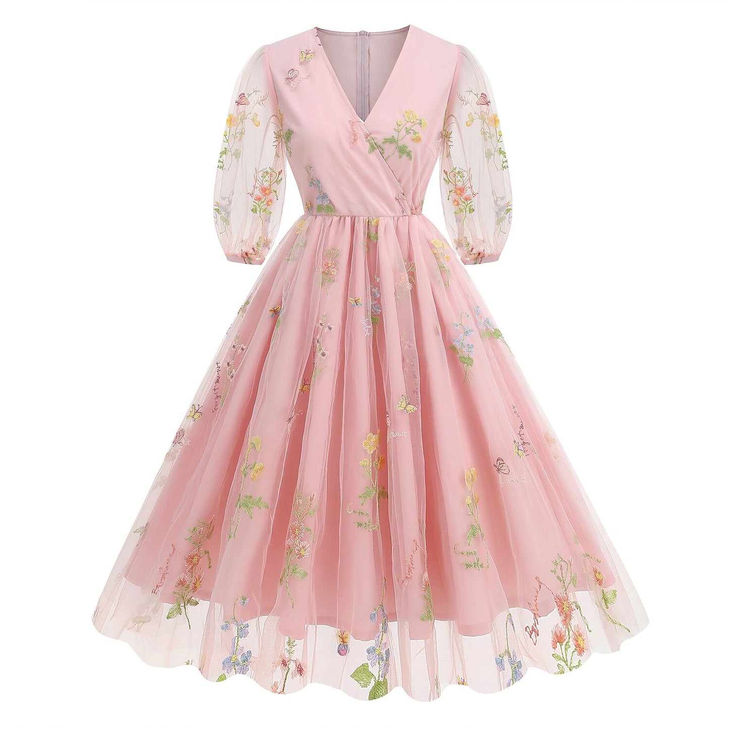 Floral Embroidered V-Neck Midi Dress