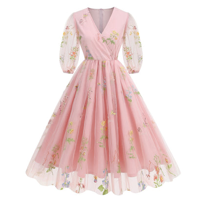 Floral Embroidered V-Neck Midi Dress