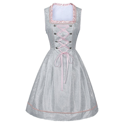 Costume d'Oktoberfest : robe rose Dirndl avec tablier et chemisier en dentelle 