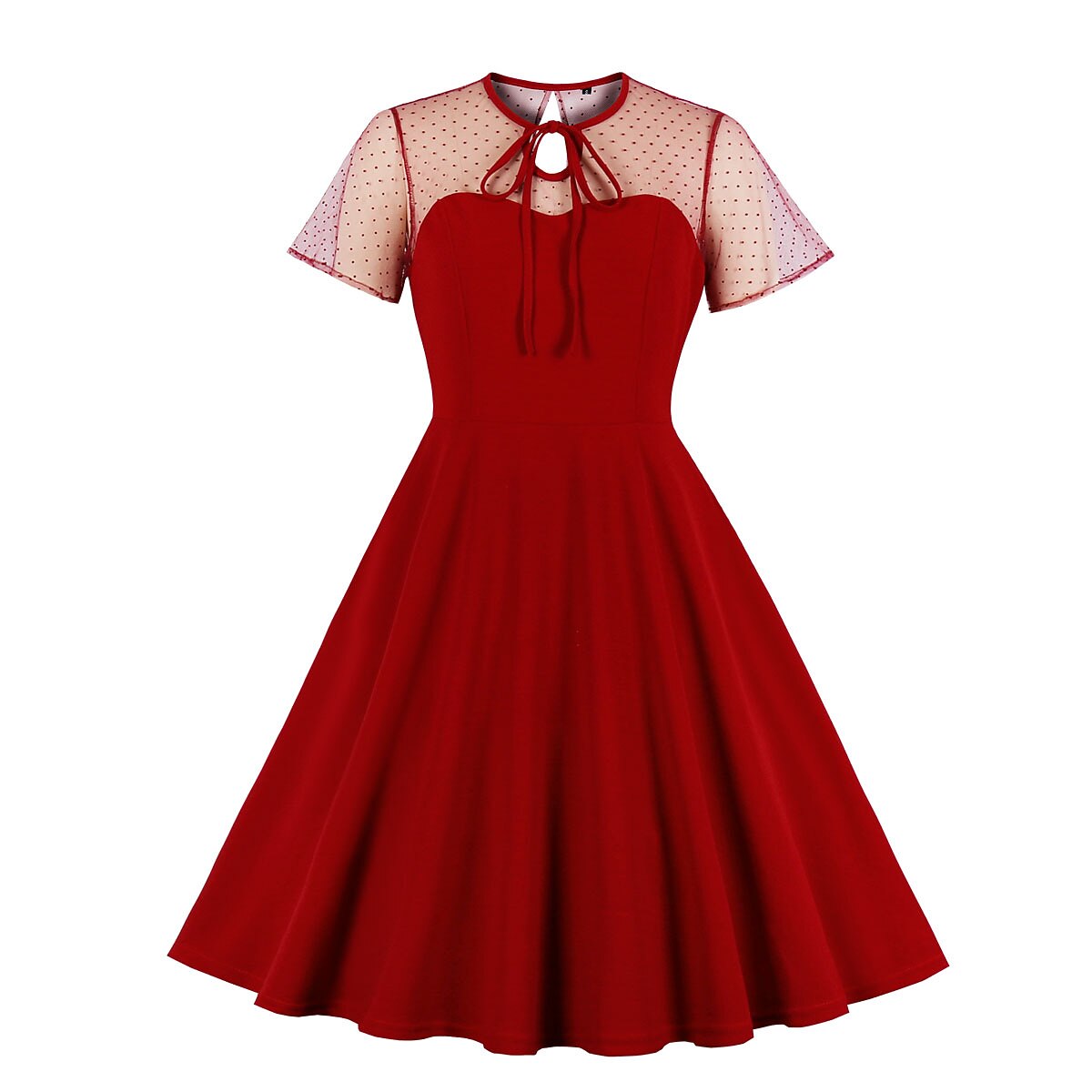 Women's 1950s Polka Dot Patchwork Tie Neck Sweetheart A-Line Dress