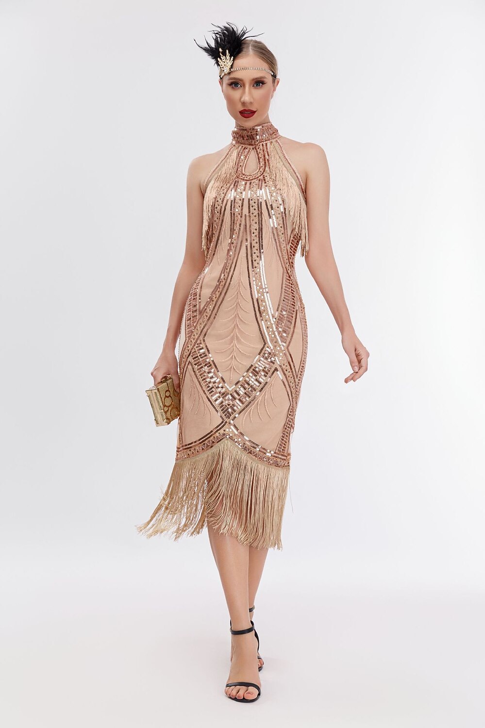 Halter Neck Sequin Flapper  Dress with Geometric Design
