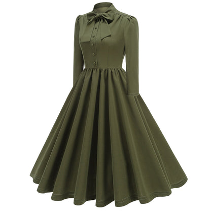 Women's 1950s Bow Tie Neck Long Sleeve A-Line Dress