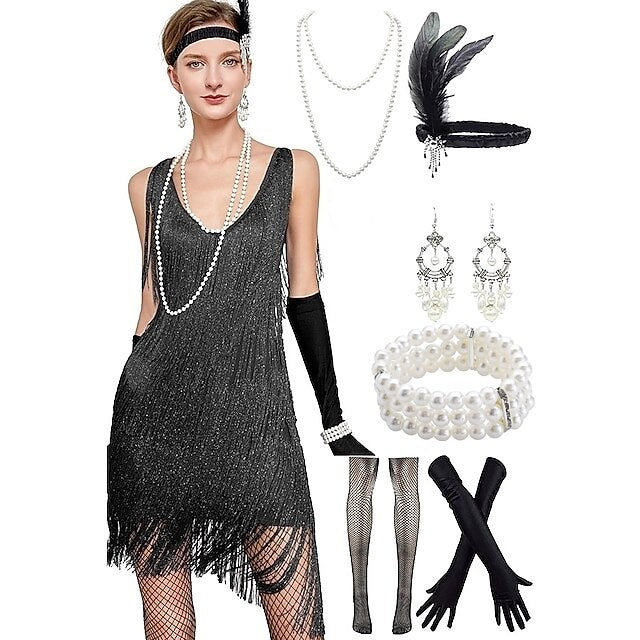 Sequin Fringe Charleston Dress with Accessories Set