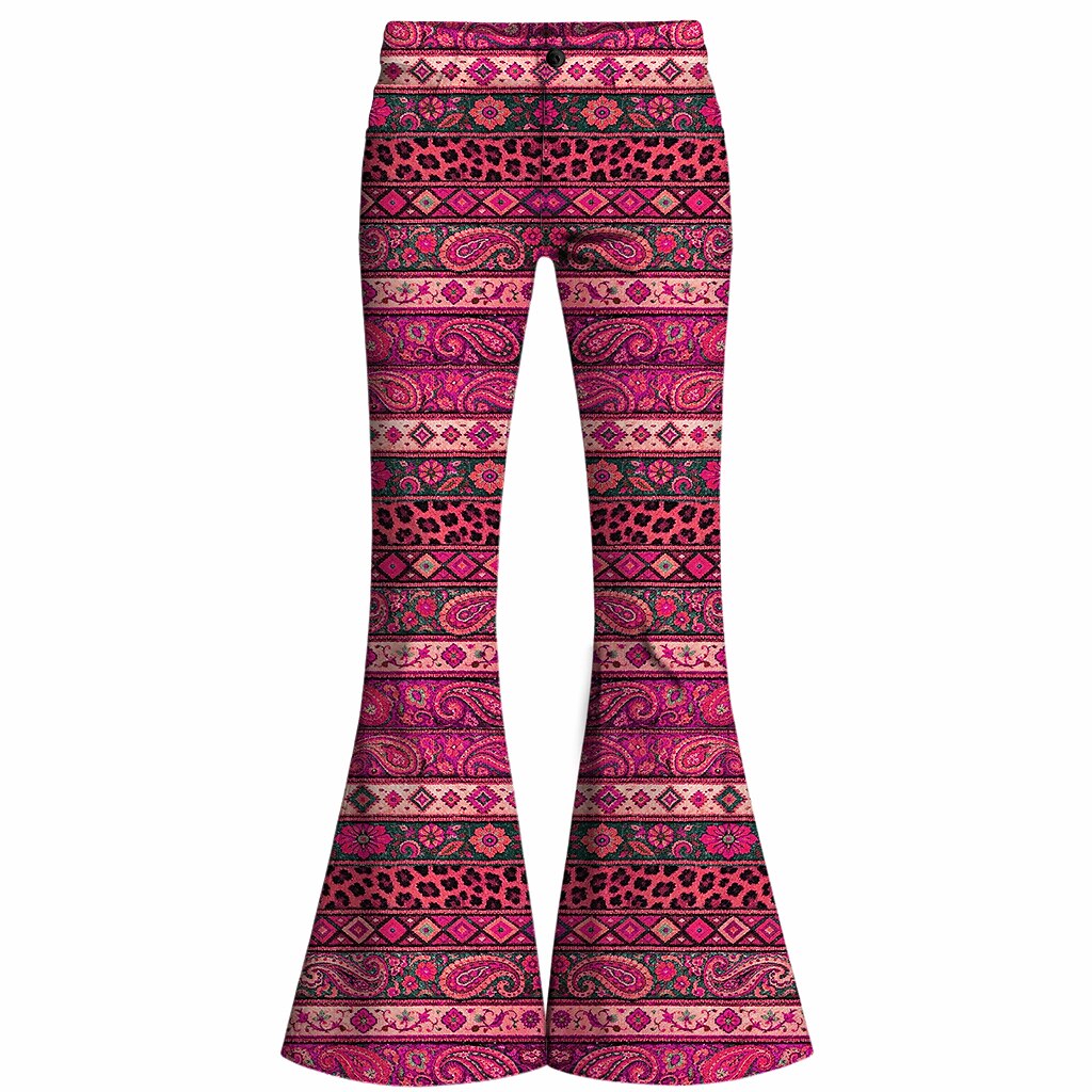 Retro 70s Boho Paisley Geometric High Waist Wide Flared Trousers