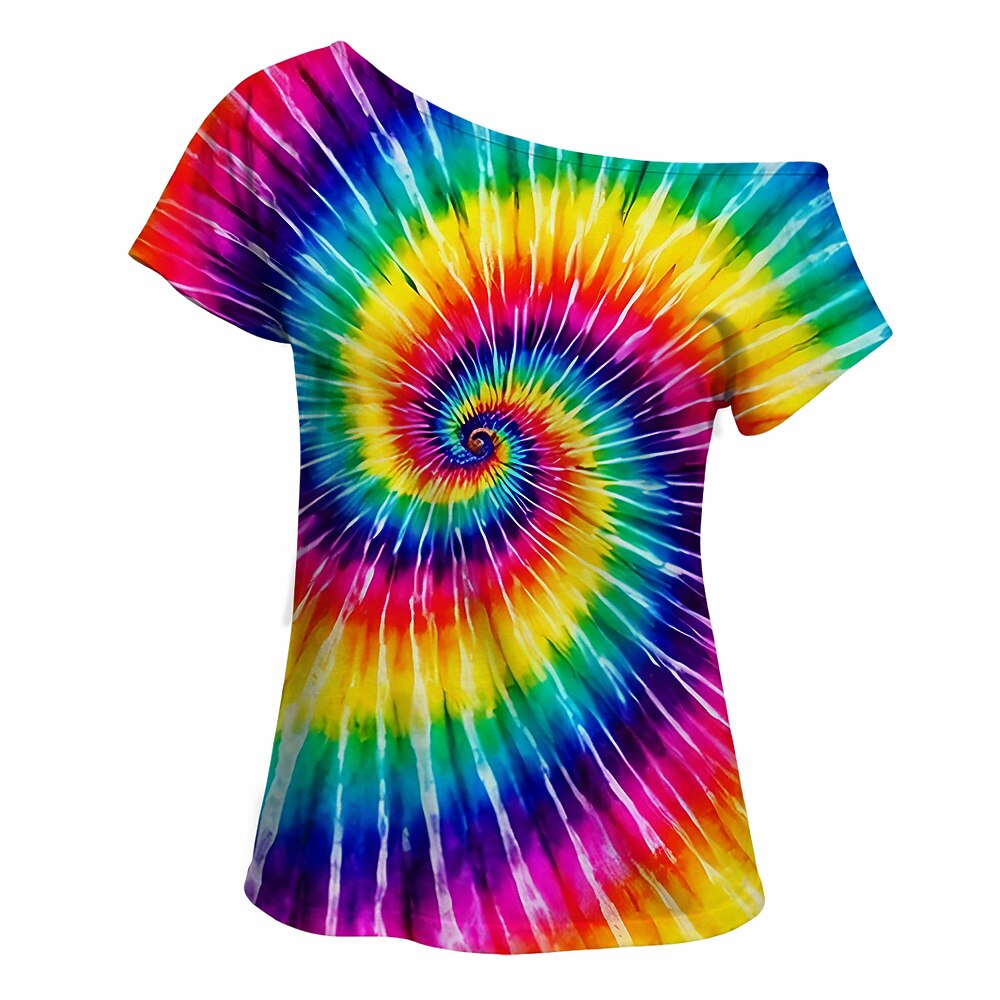 Retro 70s Tie-Dye Swirl One Shoulder Short Sleeves T-shirt