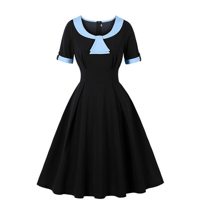 Women's 1950s Color Block Peter Pan Collar Short Sleeve A-Line Dress