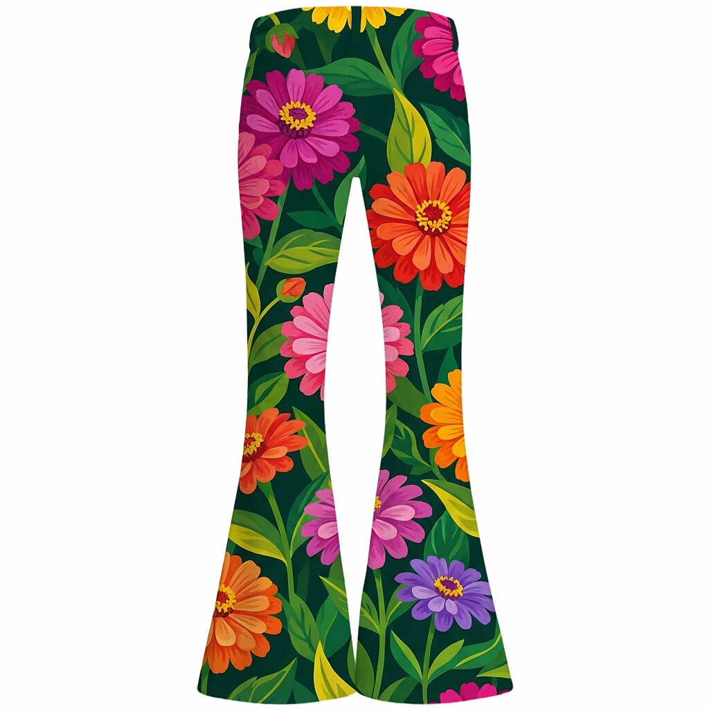 Retro 70s Bold Floral Print High Waist Wide Flared Trousers