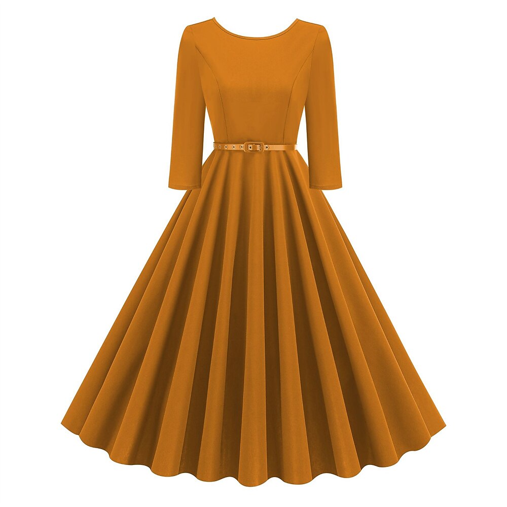 Women's 1950s Solid Color Round Neck 3/4 Sleeve Flare Dress