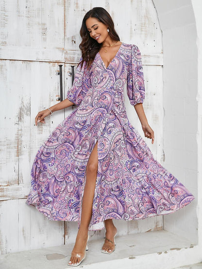 Retro 70s Bohemian Paisley Wrap V-neck Maxi Dress