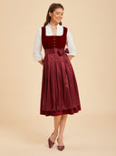 Burgundy Red Midi Dirndl Dress with Tonal Jacquard Apron