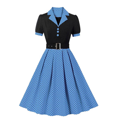 Women's 1950s Polka Dot Patchwork Lapel Collar Belted A-Line Rockabilly Dress