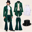 Men's Green Floral Tailcoat Victorian Gentleman 4-Piece Costume Set