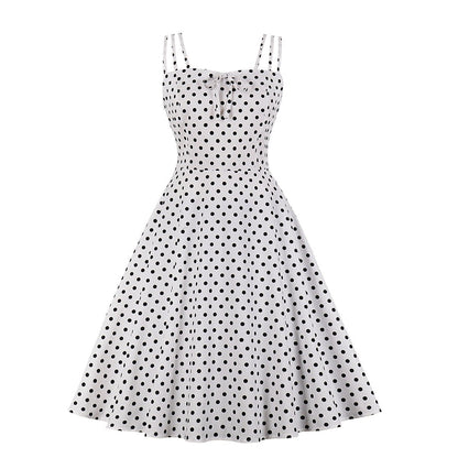 Women's 1950s Polka Dot Spaghetti Strap Bow A-Line Rockabilly Dress