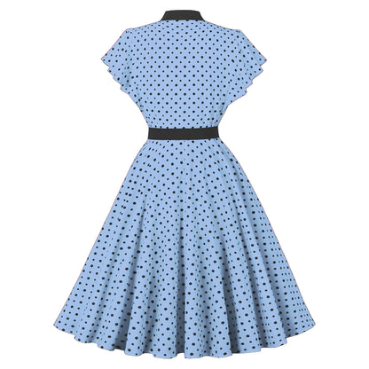 Women's 1950s Polka Dot Bow Tie Neck Short Sleeve A-Line Rockabilly Dress