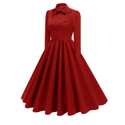 Women's 1950s Bow Tie Neck Long Sleeve A-Line Dress
